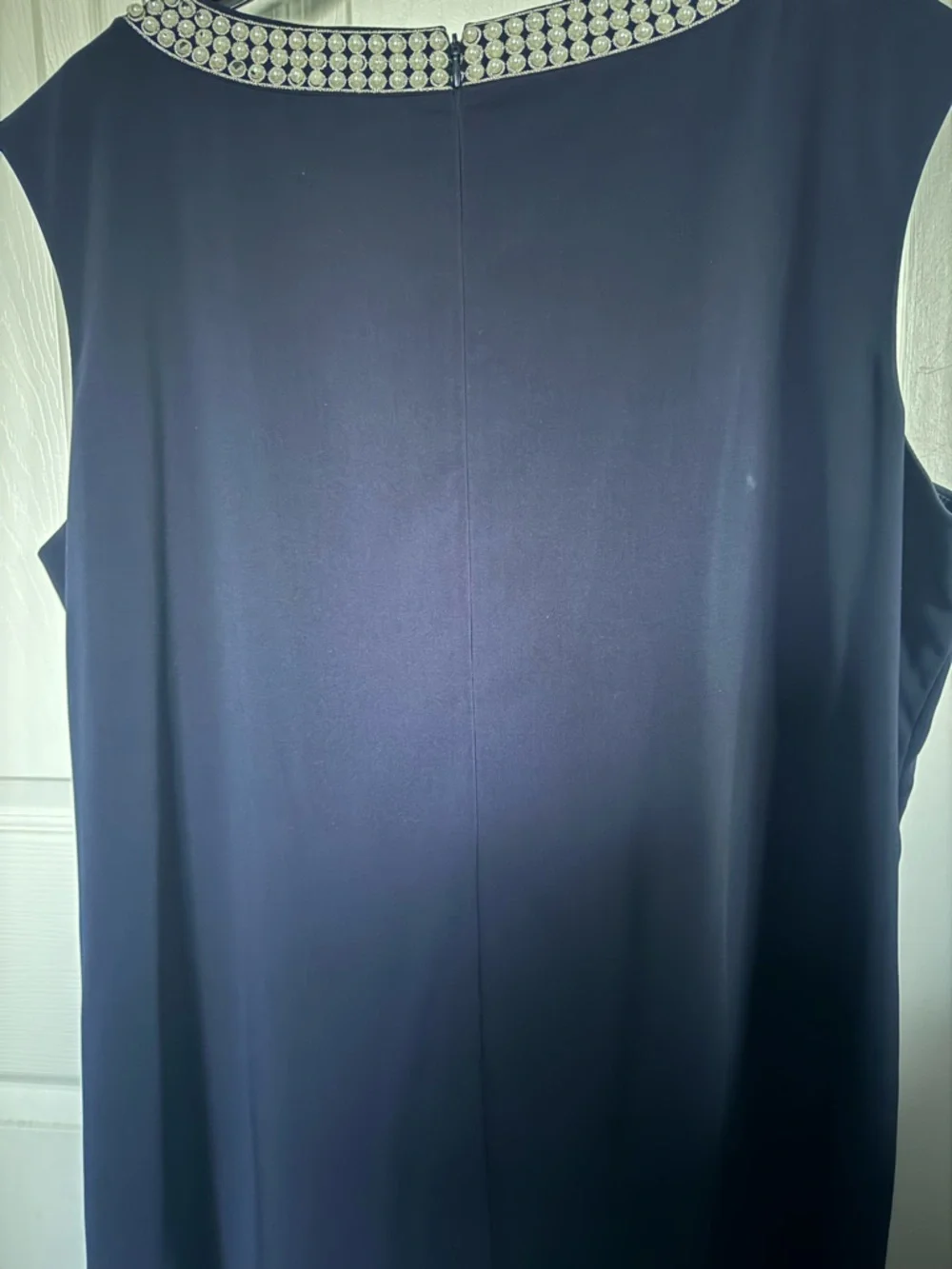 Tahari ASL Navy Shift Dress with Pearl-Embellished Collar - Picture 7 of 9